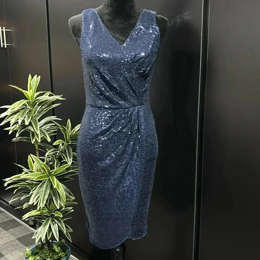 Grace Karin Sequin V-neck,zipper v-neck back,ruched side,lined,sleeveless midi